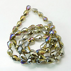 Khaki Electroplate Glass Beads Strands, AB Color Plated, Faceted Teardrop, Khaki, 12x8mm, 58pcs/strand, 26.5 inch