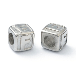 Letter F 304 Stainless Steel European Beads, Large Hole Beads, Horizontal Hole, Cube with Letter, Stainless Steel Color, Letter.F, 8x8x8mm, Hole: 4mm