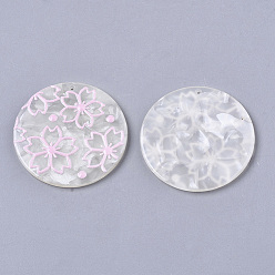 Rose Nacré Pendentifs en acétate de cellulose (résine), 3 j imprimé, plat rond, motif de fleurs de sakura, perle rose, 39x2.5mm, Trou: 1.6mm