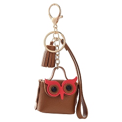 Chocolat Mini porte-monnaie dame hibou femme porte-clés en cuir pu avec pompon, pour clé sac voiture pendentif décoration, chocolat, 6.4x5.7 cm