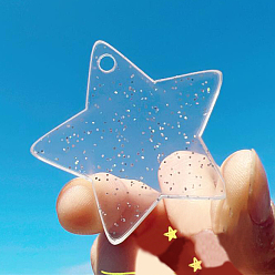 Clear Transparent Acrylic Disc Pendants, with Glitter Powder, Star, Clear, 45x2~2.5mm