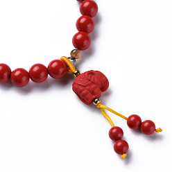 Red Elephant Cinnabar Mala Bead Bracelets, Buddhist Jewelry, Stretch Bracelets, Red, Inner Diameter: 2-1/8 inch(5.5cm)