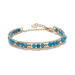 Apatite Round Natural Apatite Beaded Bracelet, Wire Wrap Stone Beads Power Bracelet with Safety Chain, Tiny Heart Charm Bracelet for Women, Golden, Inner Diameter: 2-1/4 inch(5.7cm)