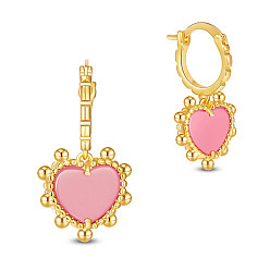 Pink SHEGRACE Brass Hoop Earrings, with Natural Agate, Heart, Real 18K Gold Plated, Pink, 28mm