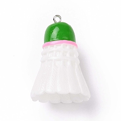 Lime Green Sport Ball Theme Opaque Resin Pendants, Badminton Charms, with Platinum Plated Iron Loops, Lime Green, 37.5x26mm, Hole: 2mm