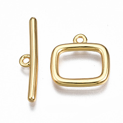 Real 18K Gold Plated Brass Toggle Clasps, Nickel Free, Rectangle, Real 18K Gold Plated, 20mm long, Bar: 22x4.5x2mm, hole: 1.4mm, Jump Ring: 5x1mm, Inner Diameter: 3mm, Rectangle: 14x14x2mm, Hole: 1.2mm