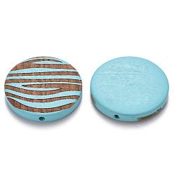 Deep Sky Blue Painted Natural Wood Beads, Laser Engraved Pattern, Flat Round with Zebra-Stripe, Deep Sky Blue, 30x5mm, Hole: 1.6mm