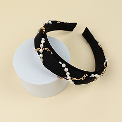 Negro Cintas para el pelo de tela, con perlas de plástico y cadenas de aleación, accesorios para el cabello para mujeres niñas, negro, 30 mm, diámetro interior: 140x160 mm