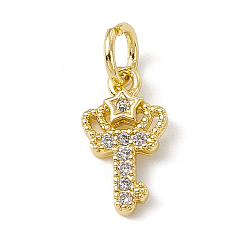 Real 18K Gold Plated Brass Micro Pave Cubic Zirconia Charms, with Jump Rings, Crown Key with Star Charms, Real 18K Gold Plated, 12x7x1.5mm, Hole: 3.4mm