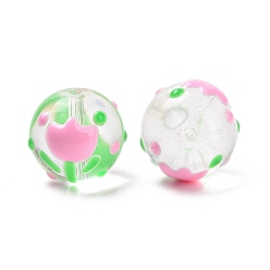 Pink Brins de perles en verre émaillé faits à la main, ronde avec des fleurs, rose, 13x12mm, Trou: 1.2mm, Environ 30 pcs/chapelet