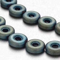 Green Plated Electroplate Non-magnetic Synthetic Hematite Beads Strands, Frosted, Donut, Green Plated, 8x3mm, Hole: 1mm, about 47pcs/strand, 15.7 inch