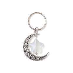 Antique Silver Moon and Star Tibetan Style Alloy & Acrylic Pendant Keychain, with Iron Split Key Rings, Antique Silver, 6.75cm