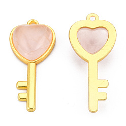 Rose Quartz Natural Rose Quartz Pendants, with Light Gold Plated Brass Findings, Key with Heart Charm, 38x17x6.5~7mm, Hole: 1.8mm