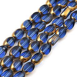 Bleu Royal Brins de perles de verre galvanoplastie transparentes à facettes, plaqué or, ovale, bleu royal, 7x4x3.5mm, Trou: 0.8mm, Environ 50~51 pcs/chapelet, 13.43''~13.66'' (31.1~34.7 cm)