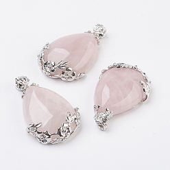 Quartz Rose Idées cadeaux Saint Valentin pour les gars pendentifs quartz rose naturel, avec les accessoires en laiton, goutte , platine, 38~41x26x8mm, Trou: 5x4mm