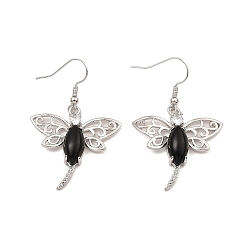 Obsidian Natural Obsidian Dragonfly Dangle Earrings, Platinum Brass Earrings, 47x30mm