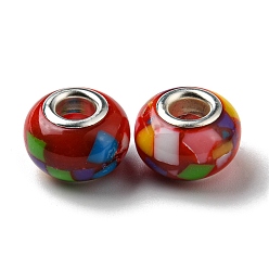 Red Bohemian Style Resin European Beads, Large Hole Beads, Rondelle, Platinum Color Core, Red, 14x9.5mm, Hole: 4.8mm