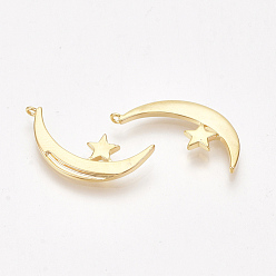 Real 18K Gold Plated Brass Pendants, Moon and Star, Nickel Free, Real 18K Gold Plated, 23x10.5x2mm, Hole: 1mm