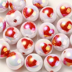 Red UV Plating Rainbow Iridescent Acrylic Beads, Round with Heart Pattern, Red, 16x15mm, Hole: 3mm
