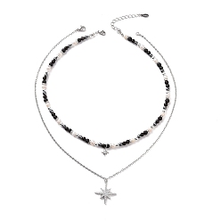 Platine Ensemble de colliers pendentif étoile en zircone cubique claire, colliers empilables de chaînes de perles d'obsidienne naturelle et de roche de lave et de perles pour les femmes, platine, 15.71~17.48 pouce (39.9~44.4 cm), 1 pc / style
