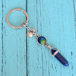 Lapis Lazuli Porte-clés pendentif balle lapis lazuli naturel, avec étoile de mer en alliage et forme de coquillage, 3.5 cm