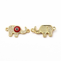 Red Rack Plating Real 18K Gold Plated Brass Micro Pave Clear Cubic Zirconia Connector Charms, Elephant with Evil Eye Links, with Handmade Lampwork, Cadmium Free & Lead Free, Long-Lasting, Red, 12x24x4mm, Hole: 1.4mm