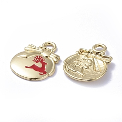 Red Golden Plated Alloy Enamel Pendants, for Christmas, Bag with Deer, Red, 21x16x1mm, Hole: 3mm
