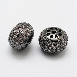 Gunmetal Brass Micro Pave Cubic Zirconia Beads, Flat Round, Lead Free & Nickel Free, Gunmetal, 12x9mm, Hole: 2mm