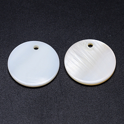 White Natural White Shell Mother of Pearl Shell Pendants, Flat Round, White, 20x2mm, Hole: 2mm