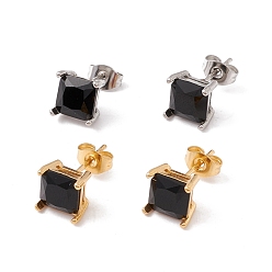Black 6 Pairs Tiny Cubic Zirconia Square Stud Earrings, 304 Stainless Steel Jewelry for Women, Mixed Color, Black, 8x8mm, Pin: 0.7mm