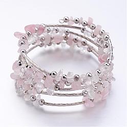 Pink Five Loops Wrap Rose Quartz Beads Bracelets, with Crystal Chips Beads and Iron Spacer Beads, Pink, 2 inch(52mm)