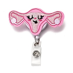 Pink Uterus Shape Felt & ABS Plastic Badge Reel, Retractable Badge Holder, with Iron Alligator Clip, Platinum, Pink, 83mm, Uterus Shape: 44x79x24mm