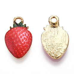 Red Printed Alloy Pendants, Lead Free & Cadmium Free & Nickel Free, Strawberry Charm, Light Gold, Red, 17x10.5x2.5mm, Hole: 1.8mm