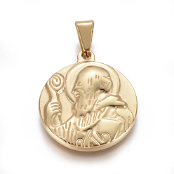 Doré  Pendentifs en acier inoxydable, plat rond avec la médaille de saint bénédict, or, 304mm, Trou: 29x25x3mm
