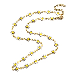 Golden Ion Plating(IP) 304 Stainless Steel Flower Link Chain Necklace with Enamel, Golden, 16.54 inch(42cm)
