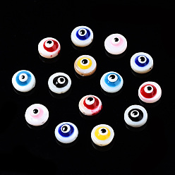 Mixed Color Natural Freshwater Shell Beads, with Enamel, Flat Round with Evil Eye, Mixed Color, 6x3~4mm, Hole: 0.8mm
