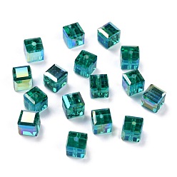 Verde azulado Electroplate cuentas de vidrio transparentes, cubo facetas, arco iris chapado, cerceta, 6x6x6 mm, agujero: 1.8 mm