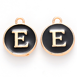 Letter E Позолоченные подвески из эмалевого сплава, эмалированные блестки, плоско-круглые, чёрные, letter.e, 14x12x2 мм, отверстие : 1.5 мм, 100 шт / коробка