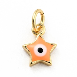 Naranja Oscura Colgantes de esmalte de latón chapado en rack, con anillos de salto, sin plomo y cadmio, real 18 k chapado en oro, estrella con mal de ojo, naranja oscuro, 9.5x7.5x2.6 mm, agujero: 3 mm