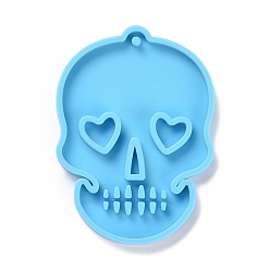 Sky Blue DIY Skull with Heart Pendant Silicone Molds, Resin Casting Molds, For UV Resin, Epoxy Resin Jewelry Making, Halloween Theme, Sky Blue, 77x56x6mm, Hole: 3mm