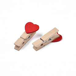 Red Wooden Craft Pegs Clips with Heart Beads, Red, 35x7mm