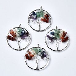 Mixed Stone Tree of Life Mixed Stone Bead Brass Wire Wrapped Big Pendants, Platinum, 56.5~60x50~52x5~10mm, Hole: 6mm
