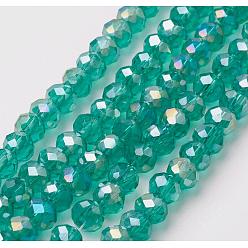 Light Sea Green Electroplate Glass Beads Strands, Full Rainbow Plated, Faceted, Rondelle, Light Sea Green, 4~4.5x3mm, Hole: 0.5mm, about 130~135pcs/strand, 15.5~16 inch(39~40cm)