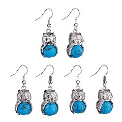 Synthetic Turquoise Synthetic Blue Turquoise Owl Dangle Earrings, Platinum Brass Jewelry for Women, 41mm, Pin: 0.6mm