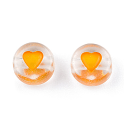 Dark Orange Transparent Acrylic Enamel Beads, Flat Round with Heart, Dark Orange, 7x4mm, Hole: 1.8mm, about 108000~111000pcs/15000g