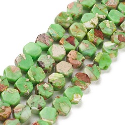 Vert Brins de perles de jaspe impérial synthétiques, teint, hexagone, verte, 7x6.5x3.5~4mm, Trou: 0.8mm, Environ 60~63 pcs/chapelet, 15.75''~16.34'' (40~41.5 cm)