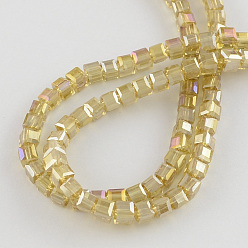 Champagne Yellow Electroplate Glass Beads Strands, AB Color Plated, Faceted, Cube, Champagne Yellow, 4x4x4mm, Hole: 1mm, about 100pcs/strand, 17 inch