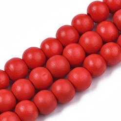 Red Painted Natural Wood Beads Strands, Round, Red, 10x8~9mm, Hole: 2~3mm, about 41~42pcs/strand, 13.98 inch~14.61 inch(35.5~37.1cm)