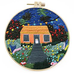 Colorful DIY House & Flower Pattern Embroidery Starter Kit, Cross Stitch Kit Including Imitation Bamboo Frame, Carbon Steel Pins, Cloth and Colorful Threads, Colorful, 177x164x8.5mm, Inner Diameter: 144mm