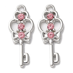 Pink Eco-Friendly Alloy Pendants, with Glass, Heart with Key, Platinum, Pink, 25.5x10x2.5mm, Hole: 1.8mm